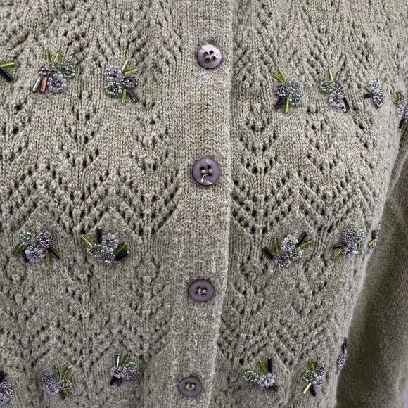 Sigrid Olsen Cardigan Sweater Women MP Beaded Green Fairy Floral Silk Cotton - Picture 6 of 7